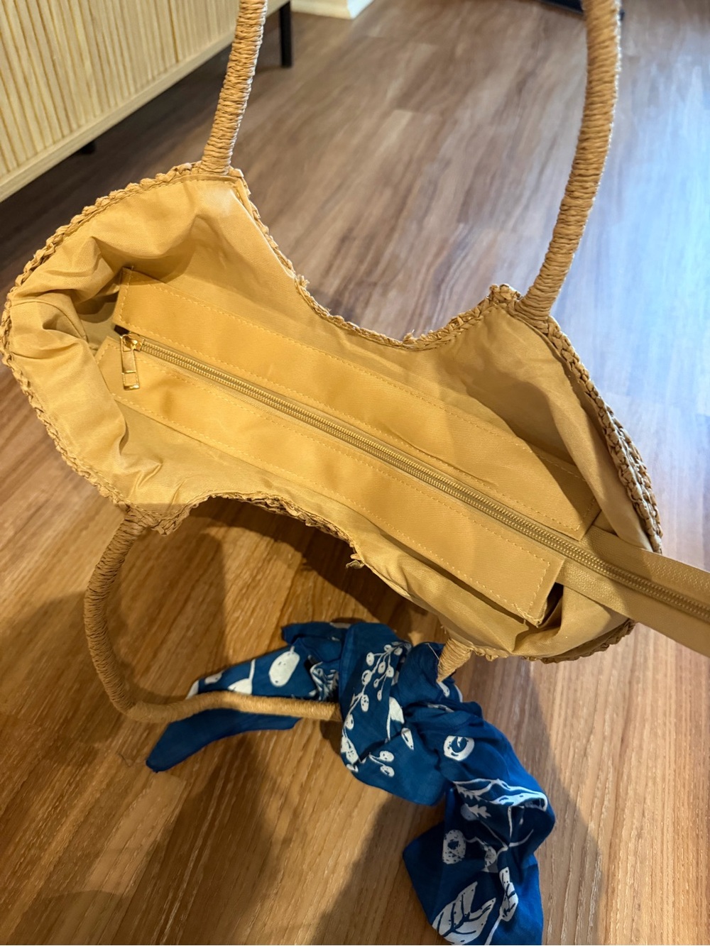 Woven Straw Tote Bag with Blue Scarf Accent - Picture 4 of 4